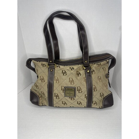 Vintage Dooney & Bourke Monogram Tan Canvas W/ Brown Leather Trim Shoulder Bag - Picture 1 of 10
